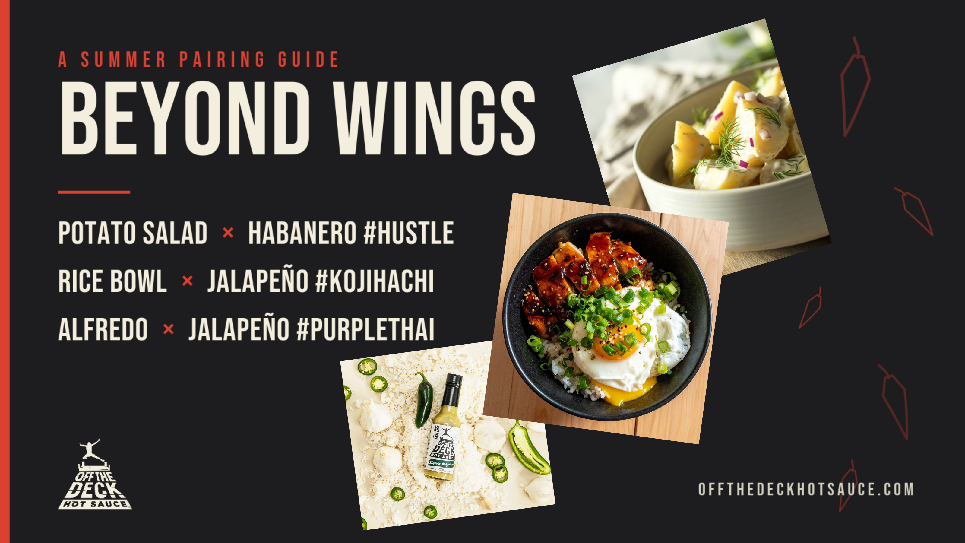 Off the Deck blog hero for Beyond Wings, a summer pairing guide for fermented hot sauce