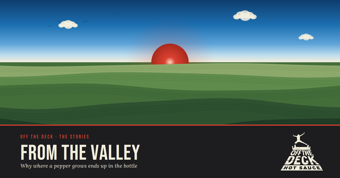 Red sun over green Red River Valley fields under a bold blue summer sky, with the Off The Deck Hot Sauce logo.