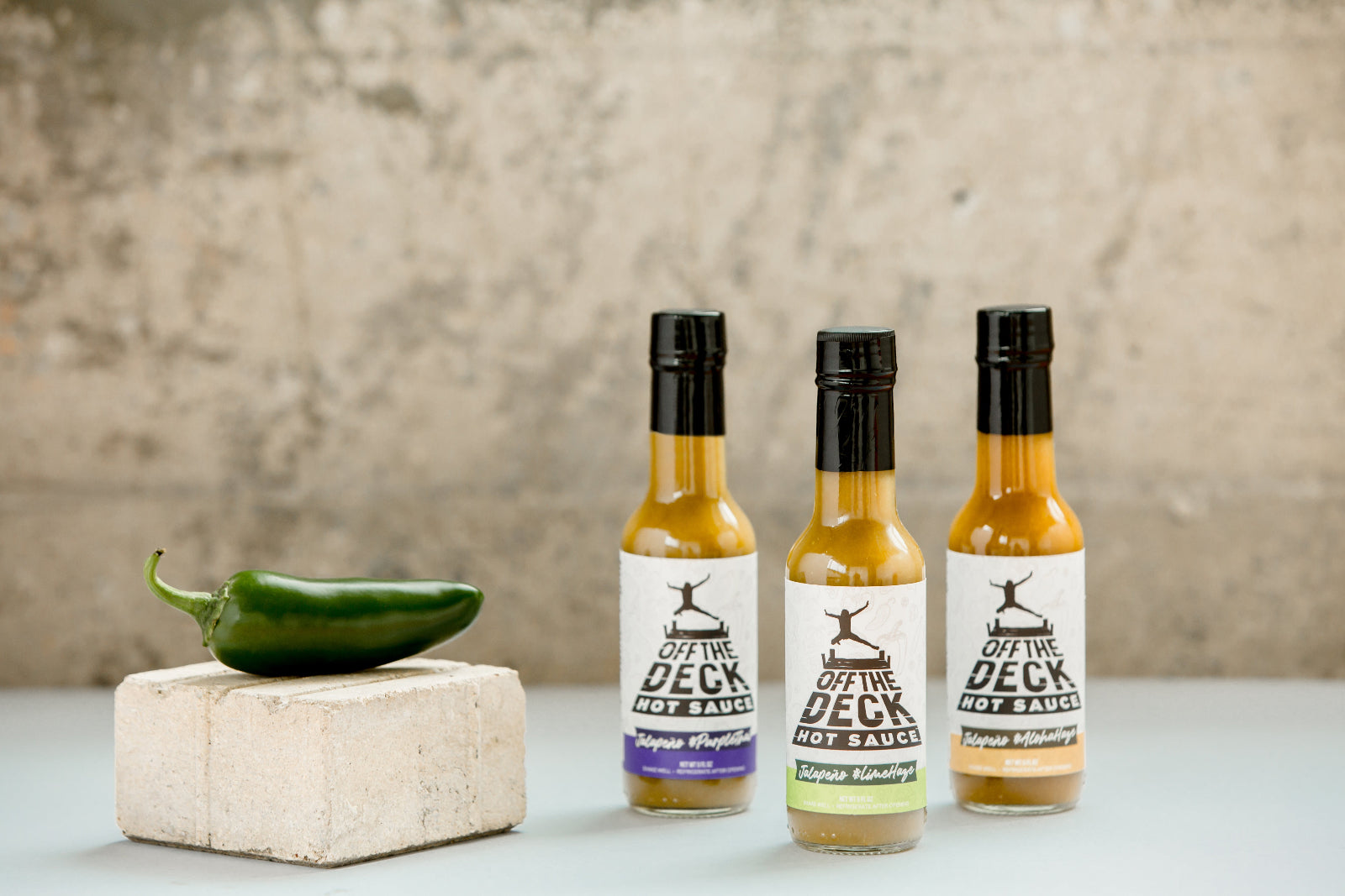 Three Jalapeños bundle, three fermented jalapeño hot sauces by Off The Deck