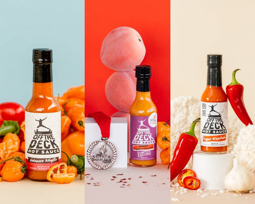 Award Winners Flight, three award-winning Off The Deck fermented hot sauces